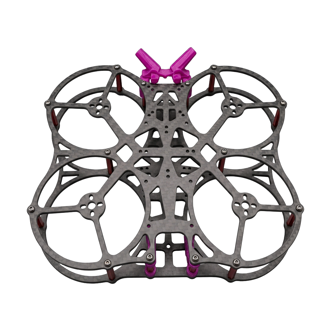 C25 MoneyMaker carbon frame viewed from above, showing the carbon weave, red standoffs, and mounting pattern