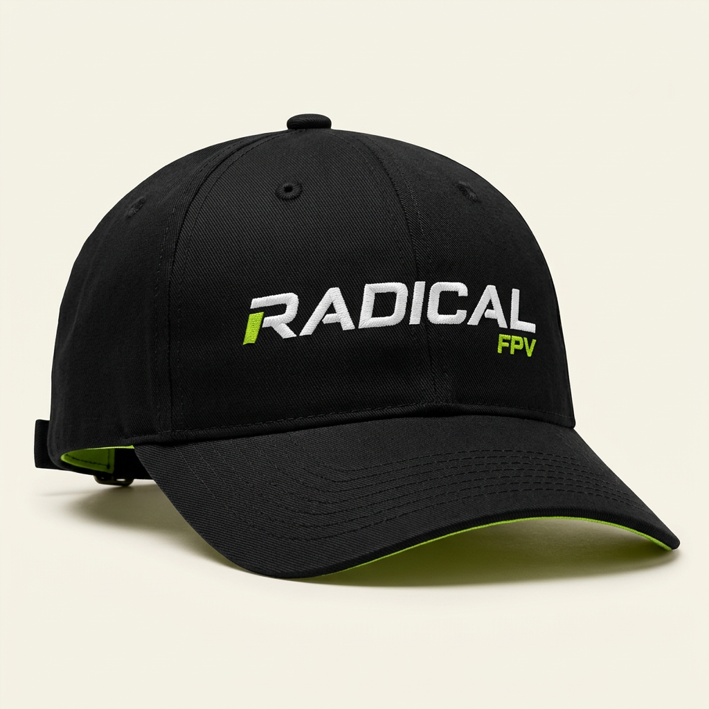 Black Radical FPV six-panel cap with embroidered white and lime logo