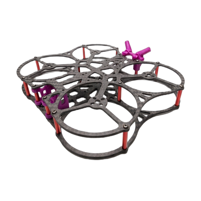 C25 MoneyMaker 2.5-inch carbon cinewhoop frame photographed from a low three-quarter angle, with protected ducts, red standoffs, and magenta TPU mounts