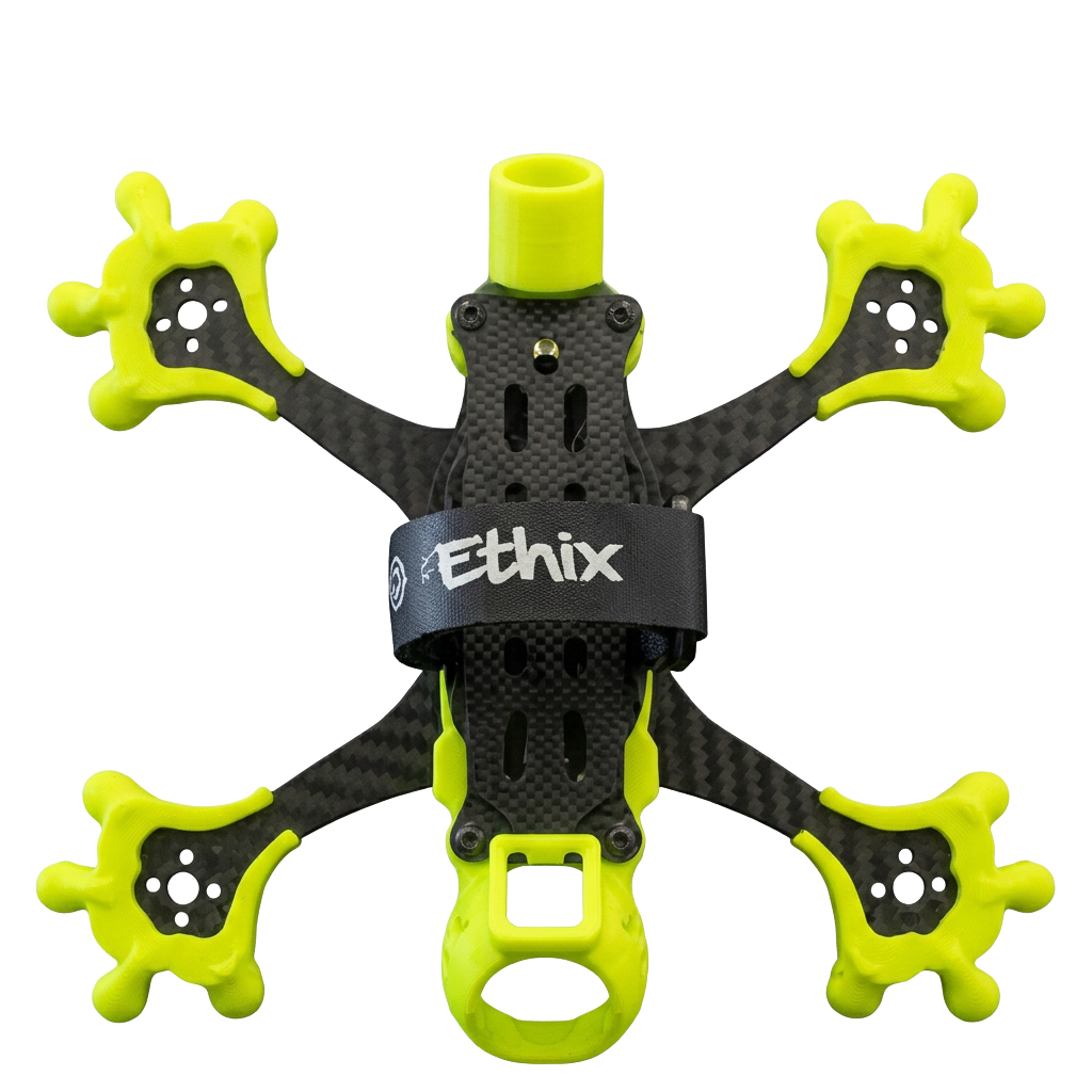 Radical FPV Geeko 3-inch carbon freestyle frame, top view, with fluorescent yellow TPU motor protectors and camera cage